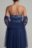 Navy A Line Strapless Long Tulle Mother of the Bride Dress with Streamer