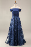 Off The Shoulder Navy Sequins A Line Long Mother of the Bride Dress