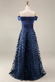 Off The Shoulder Navy Sequins A Line Long Mother of the Bride Dress