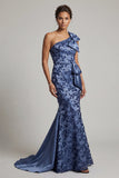 Navy One Shoulder Mermaid Sequin Long Mother of the Bride Dress with Bow