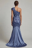 Navy One Shoulder Mermaid Sequin Long Mother of the Bride Dress with Bow