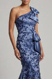 Navy One Shoulder Mermaid Sequin Long Mother of the Bride Dress with Bow