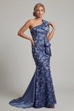 Navy One Shoulder Mermaid Sequin Long Mother of the Bride Dress with Bow