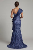 Navy Sequins One Shoulder Mermaid Long Mother of the Bride Dress with Bows