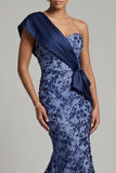 Navy Sequins One Shoulder Mermaid Long Mother of the Bride Dress with Bows