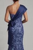 Navy Sequins One Shoulder Mermaid Long Mother of the Bride Dress with Bows