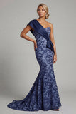 Navy Sequins One Shoulder Mermaid Long Mother of the Bride Dress with Bows