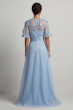 Sky Blue Chiffon A Line Half Sleeves Long Mother of the Bride Dress with 3D Flowers