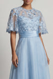 Sky Blue Chiffon A Line Half Sleeves Long Mother of the Bride Dress with 3D Flowers