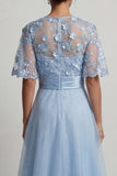 Sky Blue Chiffon A Line Half Sleeves Long Mother of the Bride Dress with 3D Flowers