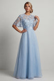 Sky Blue Chiffon A Line Half Sleeves Long Mother of the Bride Dress with 3D Flowers