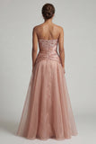 Strapless Dusty Rose Pleated Long A Line Mother of the Bride Dress with Sequins