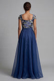 Navy Flower A Line Chiffon Square Neck Long Mother of the Bride Dress with Bow