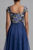 Navy Flower A Line Chiffon Square Neck Long Mother of the Bride Dress with Bow
