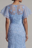 Light Blue Mermaid Appliqued Midi Mother of the Bride Dress with Ruffle Sleeves