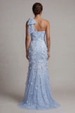 One Shoulder Mermaid Sky Blue Sequin Long Mother of the Bride Dress with 3D Flowers