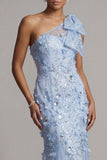 One Shoulder Mermaid Sky Blue Sequin Long Mother of the Bride Dress with 3D Flowers