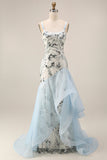 Light Blue Mermaid Sequin Long Formal Dress with Ruffles