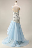 Light Blue Mermaid Sequin Long Formal Dress with Ruffles
