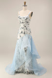 Light Blue Mermaid Sequin Long Formal Dress with Ruffles