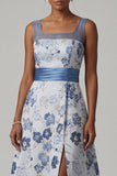 Square Neck A Line Dusty Blue Floral Mother Of Bride Dress