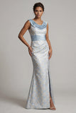 Cowl Neck Mermaid Light Blue Brocade Mother Of Bride Dress