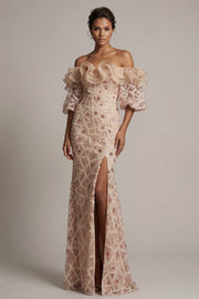 Champagne Off the Shoulder Mermaid Sequins Long Mother Of the Bride Dress with Slit