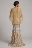 Sparkly Champagne Mermaid Sequins V-Neck Mother Of the Bride Dress with Cape