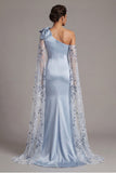 Sky Blue Satin Mermaid One Shoulder Mother Of the Bride Dress with Bow