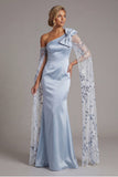 Sky Blue Satin Mermaid One Shoulder Mother Of the Bride Dress with Bow