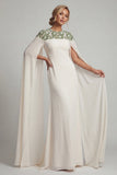 Ivory Chiffon Sheath Round Neck Mother Of the Bride Dress with Long Sleeves