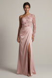 Satin Dusty Rose Sheath One Shoulder Ruched Mother Of the Bride Dress with Slit