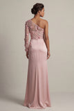 Satin Dusty Rose Sheath One Shoulder Ruched Mother Of the Bride Dress with Slit