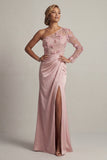 Satin Dusty Rose Sheath One Shoulder Ruched Mother Of the Bride Dress with Slit