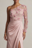 Satin Dusty Rose Sheath One Shoulder Ruched Mother Of the Bride Dress with Slit