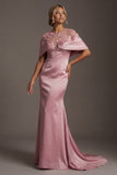 Mermaid Satin Pink Round Neck Long Mother Of the Bride Dress