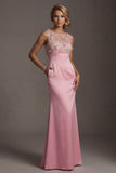 Satin Pink Round Neck Sheath Floral Long Mother Of the Bride Dress with Pocket