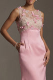 Satin Pink Round Neck Sheath Floral Long Mother Of the Bride Dress with Pocket