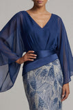Sparkly Navy V-Neck Mermaid Mother of the Bride Dress with Cape Sleeves