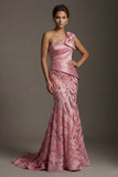 Sparkly One Shoulder Pink Mermaid Mother of the Bride Dress with Bow