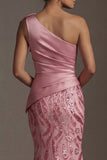 Sparkly One Shoulder Pink Mermaid Mother of the Bride Dress with Bow