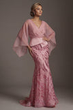 Pink V-Neck Mermaid Sequin Mother of the Bride Dress with Cape Sleeves
