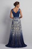 Sparkly Navy V-Neck A Line Mother of the Bride Dress with Bow
