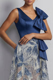 Sparkly Navy V-Neck A Line Mother of the Bride Dress with Bow