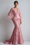 Sparkly Pink V-Neck Mermaid Mother of the Bride Dress with Cape Sleeves