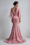 Sparkly Pink V-Neck Mermaid Mother of the Bride Dress with Cape Sleeves
