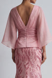 Sparkly Pink V-Neck Mermaid Mother of the Bride Dress with Cape Sleeves