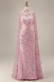 Pink Illusion Neck Mermaid Floral Mother of the Bride Dress with Cape Sleeves