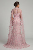 Pink Illusion Neck Mermaid Floral Mother of the Bride Dress with Cape Sleeves