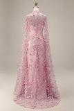 Mermaid Pink Illusion Neck 3D Floral Evening Dress with Cape Sleeves